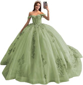 Sparkly Puffy Sage Sweet 16 Quinceanera Dresses Lace Beaded 3D Floral Mychicdress