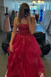 Sparkly Ruffles Organza Fuchsia Prom Dress Appliques