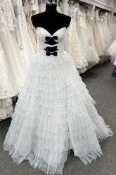 Strapless Polka Dot Prom Dresses white Ruffles Tulle with Keyholes