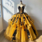 Strapless Yellow Gothic Quinceanera Dresses with Black Floral Lace