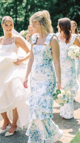 Tiered Blue Floral Print Bridesmaid Dress for Beach Weddings Mychicdress
