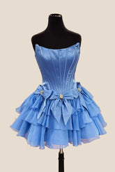 Tiered Blue Short Ruffle Homecoming Dress Strapless with Bow