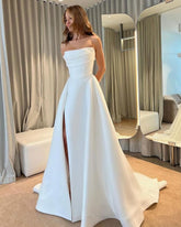 Unique Satin Minimalist Wedding Dress Strapless Ruched with Slit