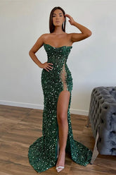 Unique Sequins dark green Prom Dress Sleeveless Mermaid Mychicdress