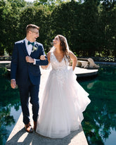 Unique Garden Wedding Dress Lace V Neck A-Line Beach Bridal Gown