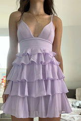 V-Neck Lilac Homecoming Dress Short Spaghetti Straps