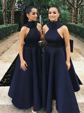 A Line High Neck Satin Bridesmaid Dresses Sleeveless with Bowknot MyChicDress