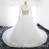 A Line Lace Tulle Ivory Vintage Wedding Dresses with Sleeves MyChicDress