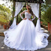 Ball Gown Vintage Wedding Dresses with Sleeves Appliques Crystals Long Train MyChicDress