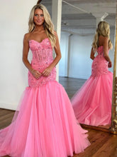 Hot Floral Long Corset 2024 Prom Dresses Mermaid Pink Lace Formal Dress Strapless MyChicDress