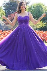 Hot Purple Pearls Tulle Prom Dresses Cheap Long A Line Evening Gowns MyChicDress