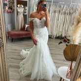 Off Shoulder Lace Wedding Dresses Mermaid Tulle Bridal Gowns Appliques Sweep Train MyChicDress