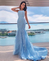 Sexy Mermaid Light Blue Lace Prom Dresses Open Back MyChicDress