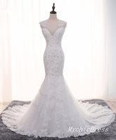 White Long Mermaid Lace Crystals Vintage Wedding Dresses MyChicDress