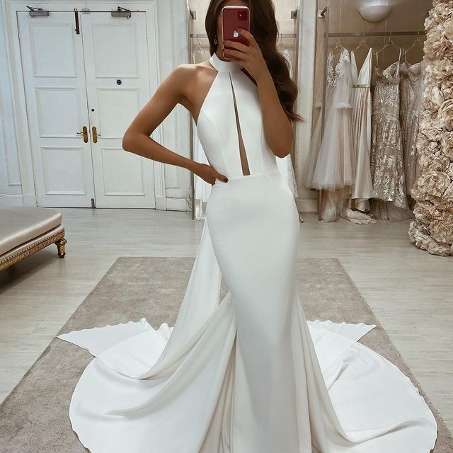Sheath Ivory Halter Wedding Dresses Sleeveless Open Back