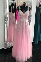 20224 Cheap Pink Prom Dresses Tulle Long Evening Dress with Appliques MyChicDress