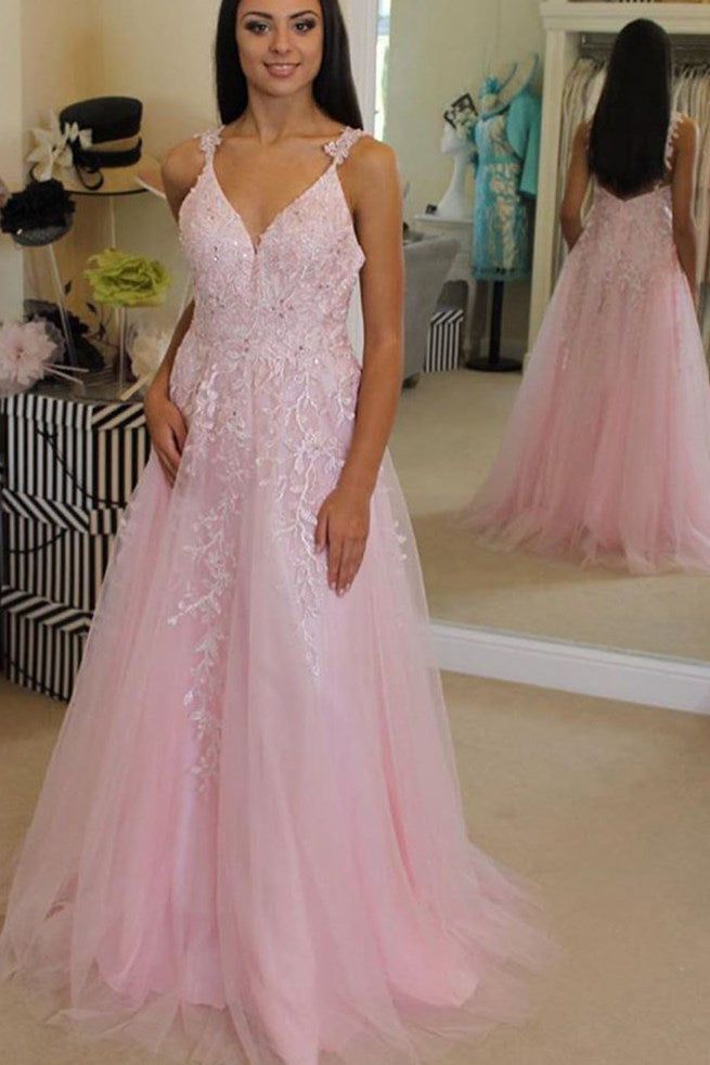 20224 Cheap Pink Prom Dresses Tulle Long Evening Dress with Appliques MyChicDress