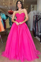 2024 A-Line Hot Pink Prom Dresses Long Evening Dress Sweetheart with Appliques MyChicDress