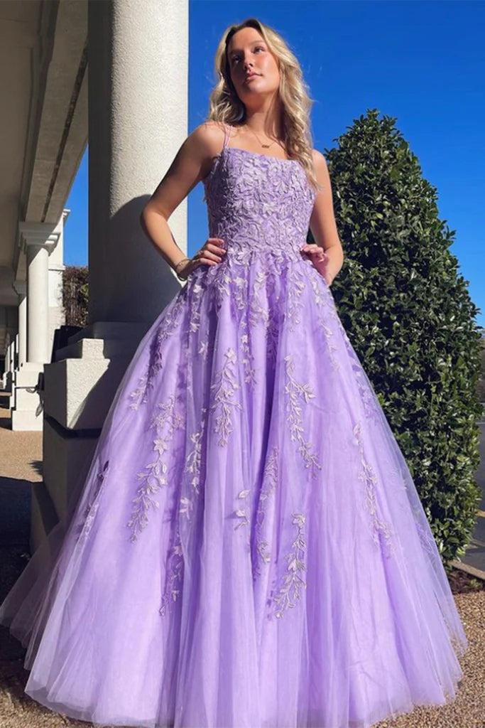 2024 A Line Purple Lace Violet Prom Dresses Open Back Long Formal Dresses MyChicDress