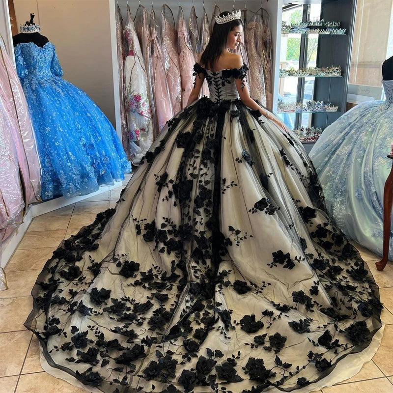 Ball Gown 15 Black Quinceanera Dresses Crystal With 3D Flowers Girl Birthday Dress MyChicDress