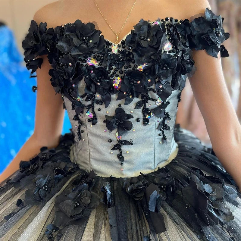 Ball Gown 15 Black Quinceanera Dresses Crystal With 3D Flowers Girl Birthday Dress MyChicDress