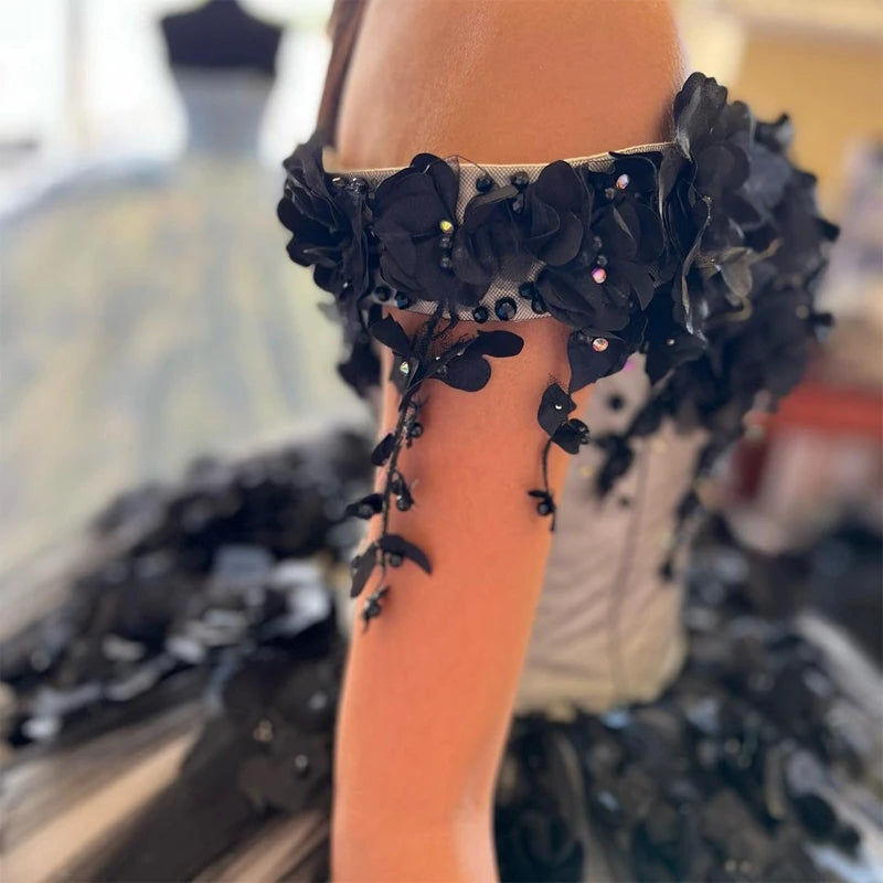 Ball Gown 15 Black Quinceanera Dresses Crystal With 3D Flowers Girl Birthday Dress MyChicDress