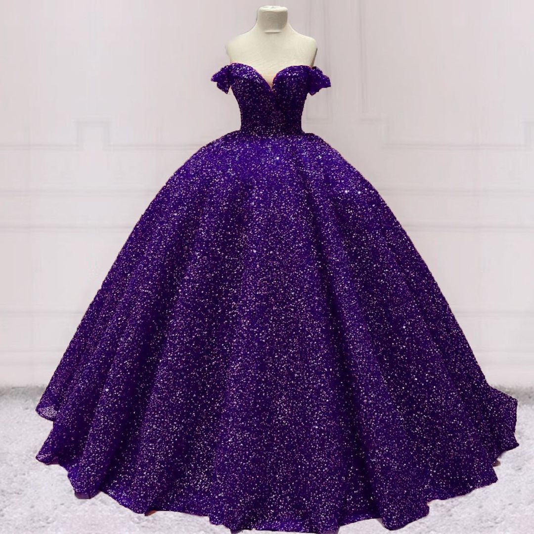 purple Ball Gown Quinceanera Dresses Off Shoulder Corset Sequin Wedding Dress MyChicDress