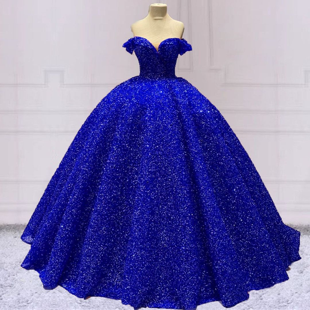 royal blue Ball Gown Quinceanera Dresses Off Shoulder Corset Sequin Wedding Dress MyChicDress