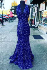 2024 Halter Royal Blue Sequin Evening Dresses UK Long Prom Dress MyChicDress