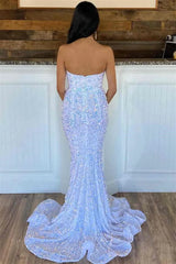 2024 Iridescent Sequins V Neck Long Evening Dress UK Mermaid Prom Dress White MyChicDress