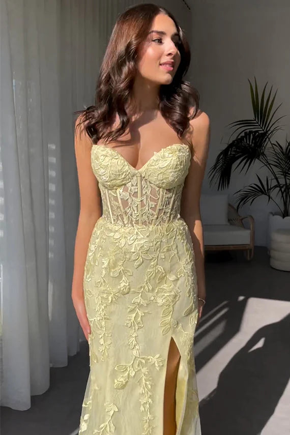 2024 Long Corset Yellow Prom Dresses Mermaid Sweetheart with Appliques MyChicDress