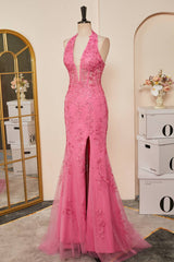 2024 Long Lace Prom Dress Hot Pink Halter Mermaid Formal Dress Appliques MyChicDress