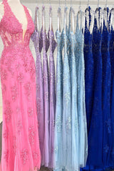 2024 Long Lace Prom Dress Hot Pink Halter Mermaid Formal Dress Appliques MyChicDress