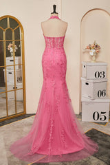 2024 Long Lace Prom Dress Hot Pink Halter Mermaid Formal Dress Appliques MyChicDress