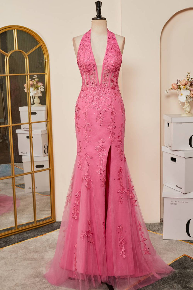 2024 Long Lace Prom Dress Hot Pink Halter Mermaid Formal Dress Appliques MyChicDress