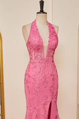 2024 Long Lace Prom Dress Hot Pink Halter Mermaid Formal Dress Appliques MyChicDress