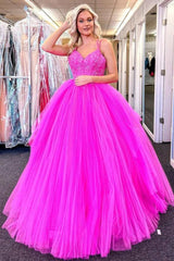 2024 Long V Neck Fuchsia Prom Dresses Appliques Lace Tulle Formal Evening Dresses MyChicDress