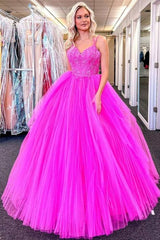 2024 Long V Neck Fuchsia Prom Dresses Appliques Lace Tulle Formal Evening Dresses MyChicDress