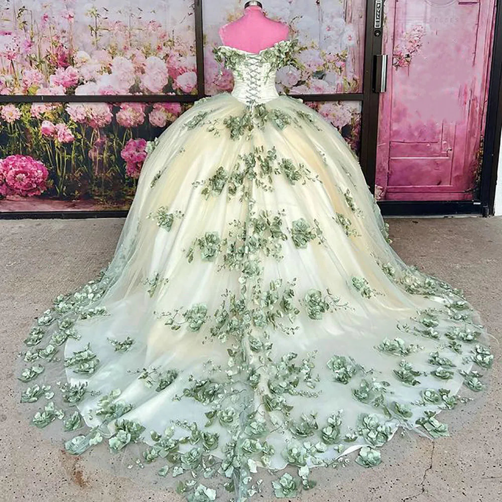 New Sage Green Quinceanera Dress Plus Size 3D Flowers Pearls MyChicDress