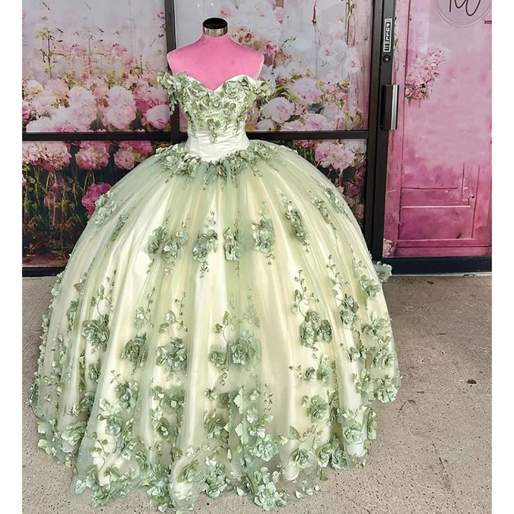 2024 New Sage Green Quinceanera Dress Plus Size 3D Flowers Pearls MyChicDress