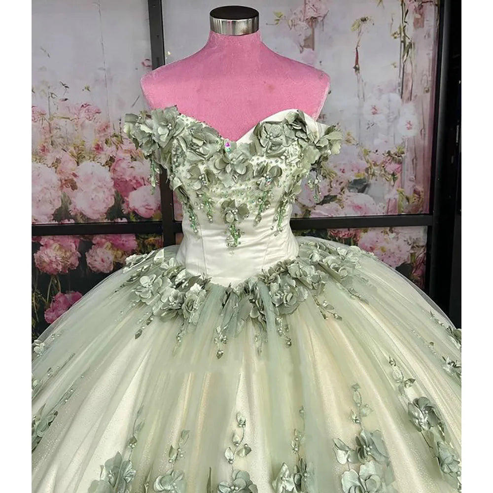 2024 New Sage Green Quinceanera Dress Plus Size 3D Flowers Pearls MyChicDress