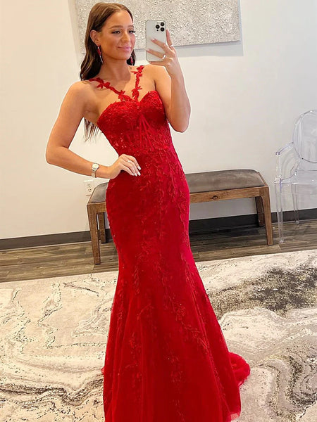 2024 Red Lace Prom Dresses Mermaid Sleeveless Formal Evening Dresses UK MyChicDress