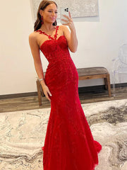 2024 Red Lace Prom Dresses Mermaid Sleeveless Formal Evening Dresses UK MyChicDress