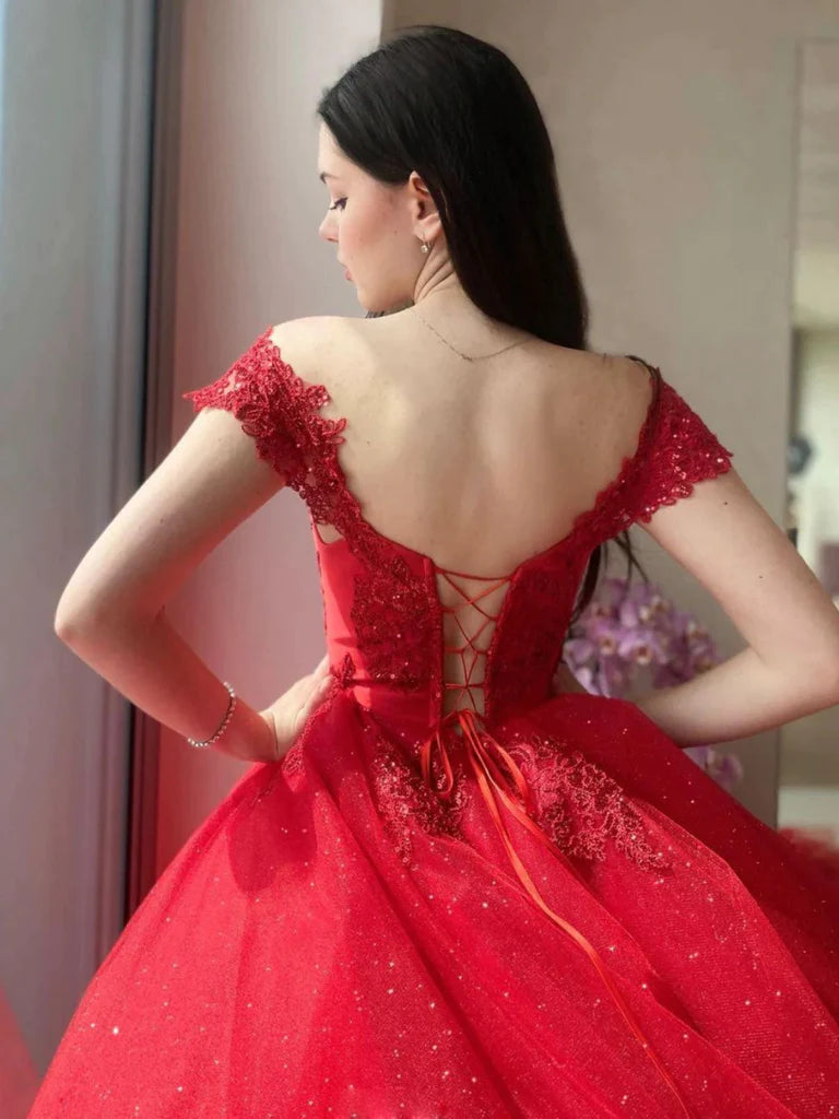 2024 Red Wedding Dresses Lace Off Shoulder Beaded Tulle Long Quince Dresses Sequin MyChicDress