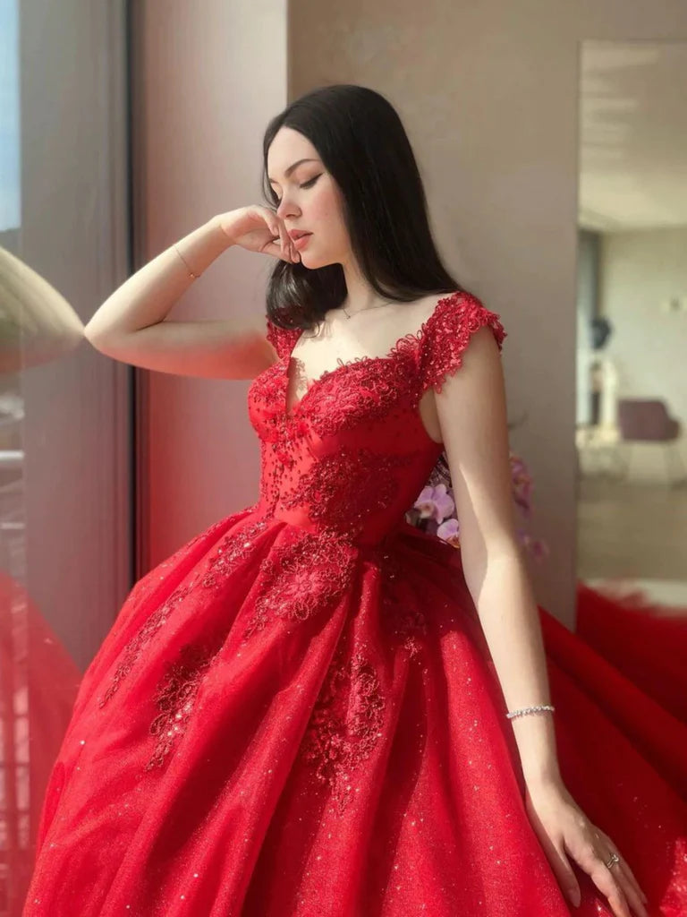 2024 Red Wedding Dresses Lace Off Shoulder Beaded Tulle Long Quince Dresses Sequin MyChicDress