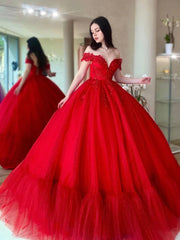 2024 Red Wedding Dresses Lace Off Shoulder Beaded Tulle Long Quince Dresses Sequin MyChicDress