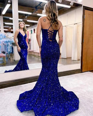 2024 Royal Blue Sequin Prom Dresses V-Neck Tight Long Formal Wedding Guest Dress MyChicDress