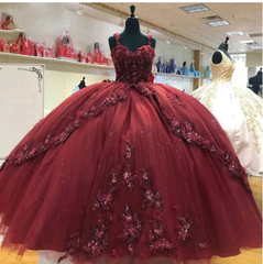 2024 Spark Burgundy Princess Quinceanera Dress Appliques Flowers Corset MyChicDress