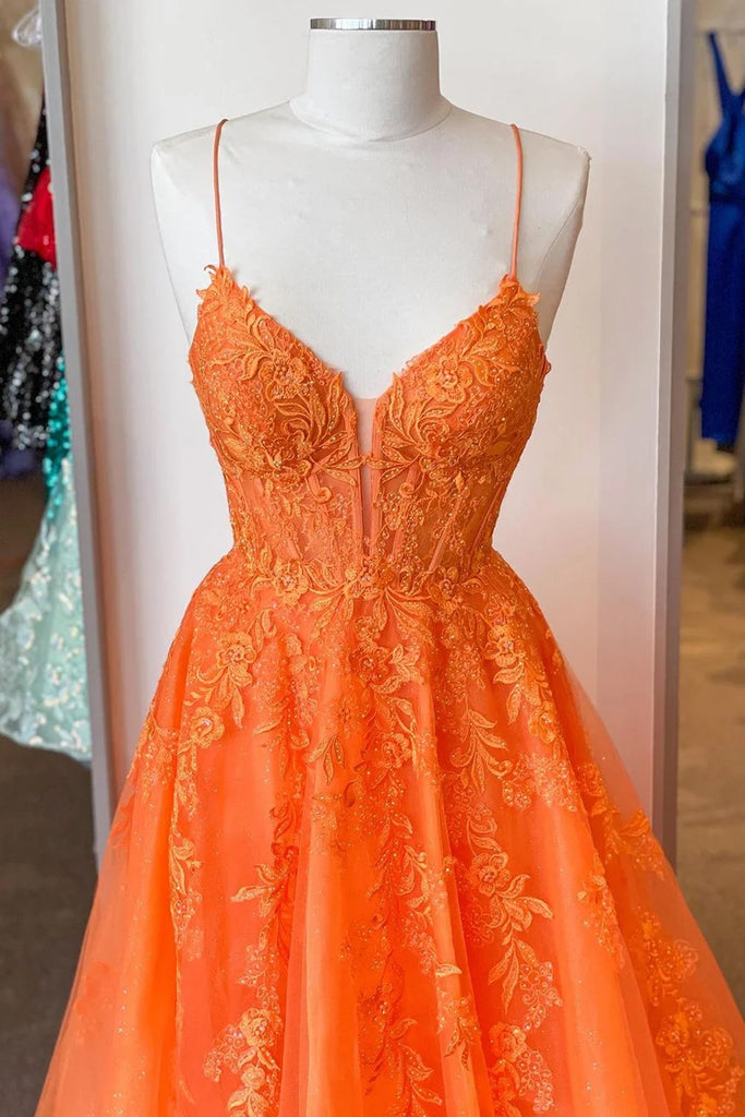 2025 Corset Orange Prom Dress Lace A Line Spaghetti Straps Appliques - MyChicDress