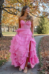 2024 Hot Pink Corset Long Prom Dresses Ruffle Sweetheart Lace Chiffon